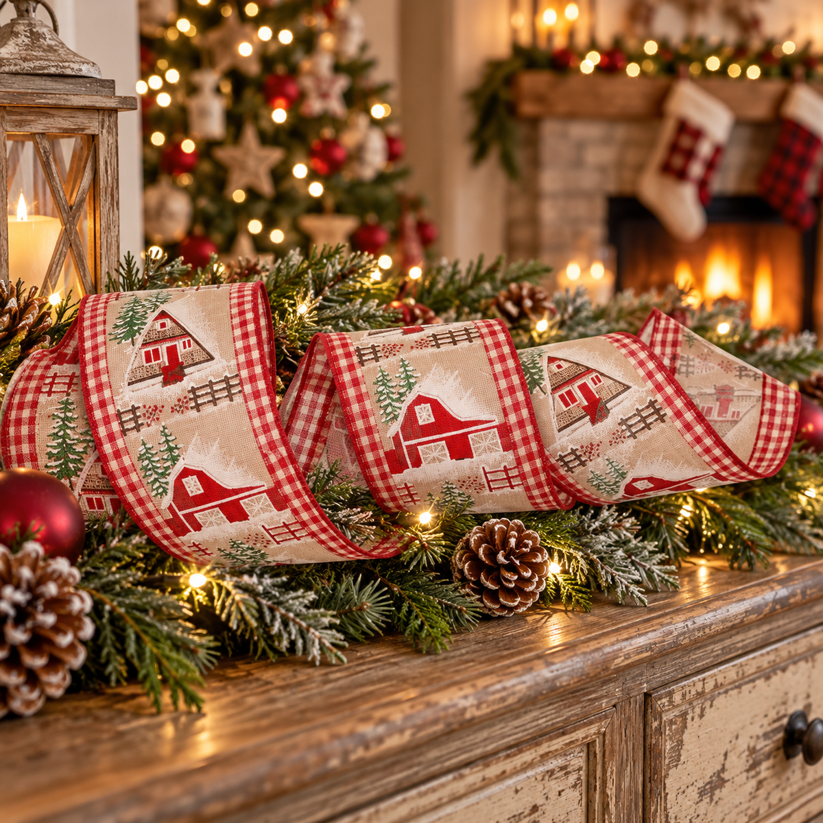 4" Ribbon - Barn & House Scene on Checkered - 10 Yards — view 1