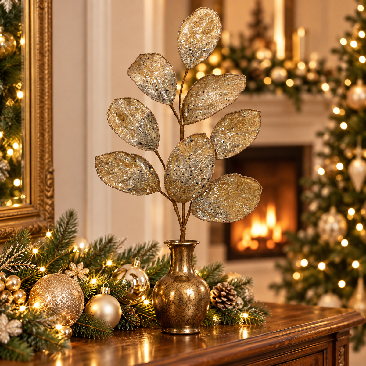 28" Micro Beaded/Sequins Magnolia Leaf Spray - Champagne — view 2