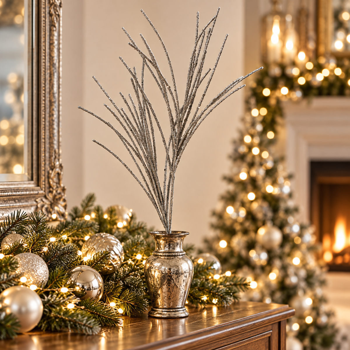 28" Micro Beaded/Sequin Grass Spray - Silver — view 2