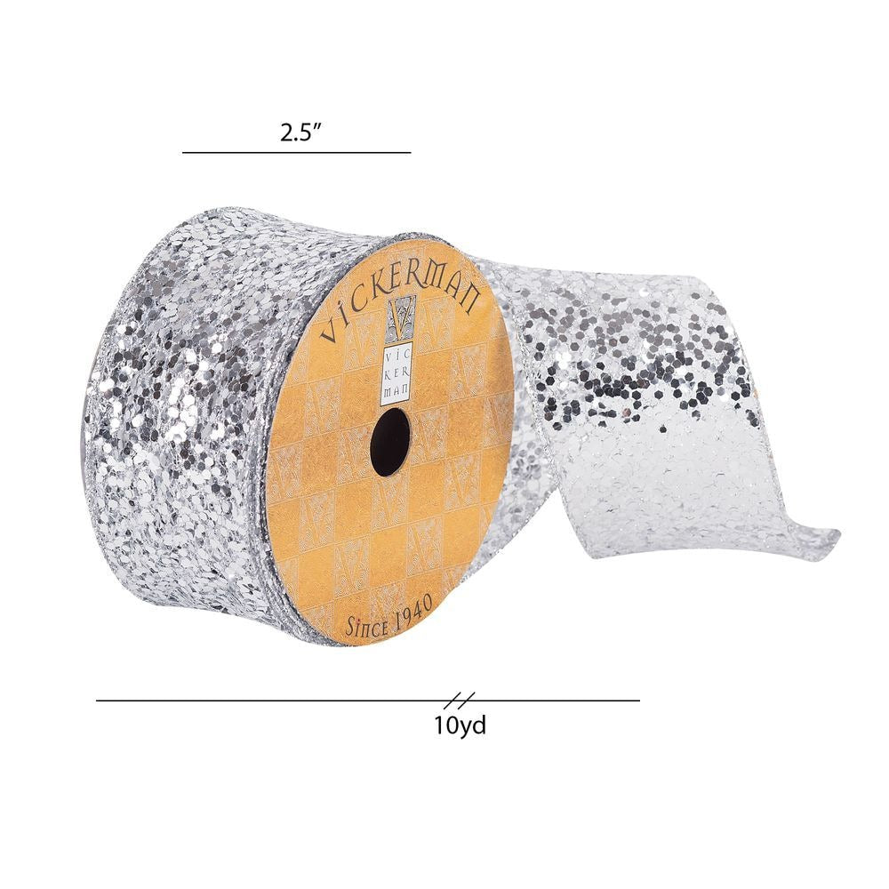 2.5" Ribbon - Sequin Woven Dupion - 10 Yard Roll - Silver — view 2