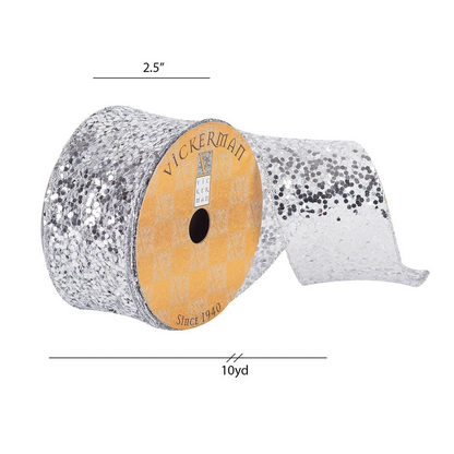 2.5" Ribbon - Sequin Woven Dupion - 10 Yard Roll - Silver — view 2