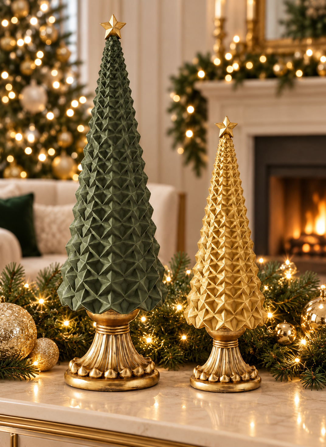 Velvet Star Embossed Tree Set - 13.5" & 21.5" - Sage Green and Gold - Set of 2 — view 2