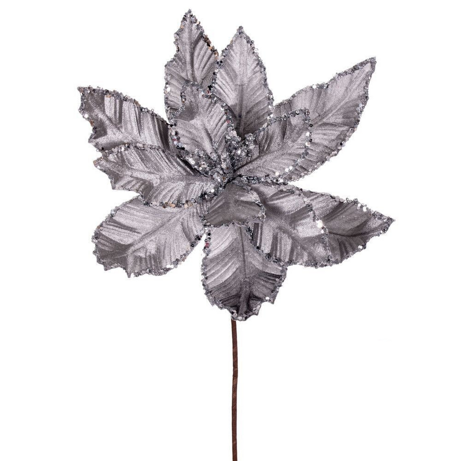 24" Velvet Poinsettia - Set of 3 - Silver Silver – Bag of 3