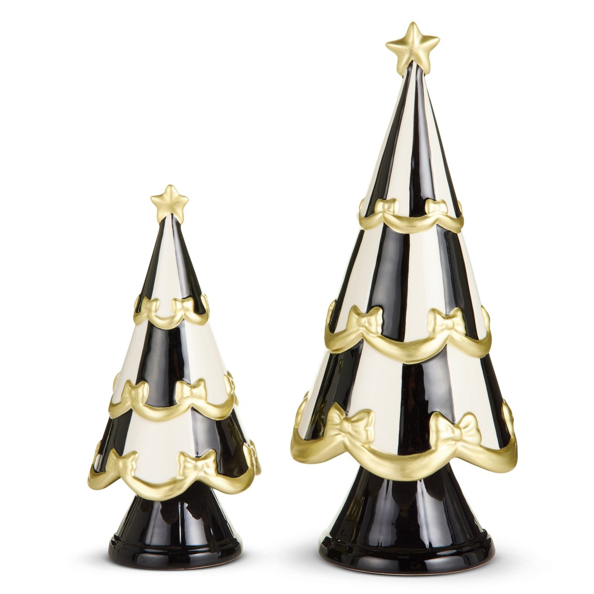 13" Black Stripe Bow Trimmed Tree – Set of 2