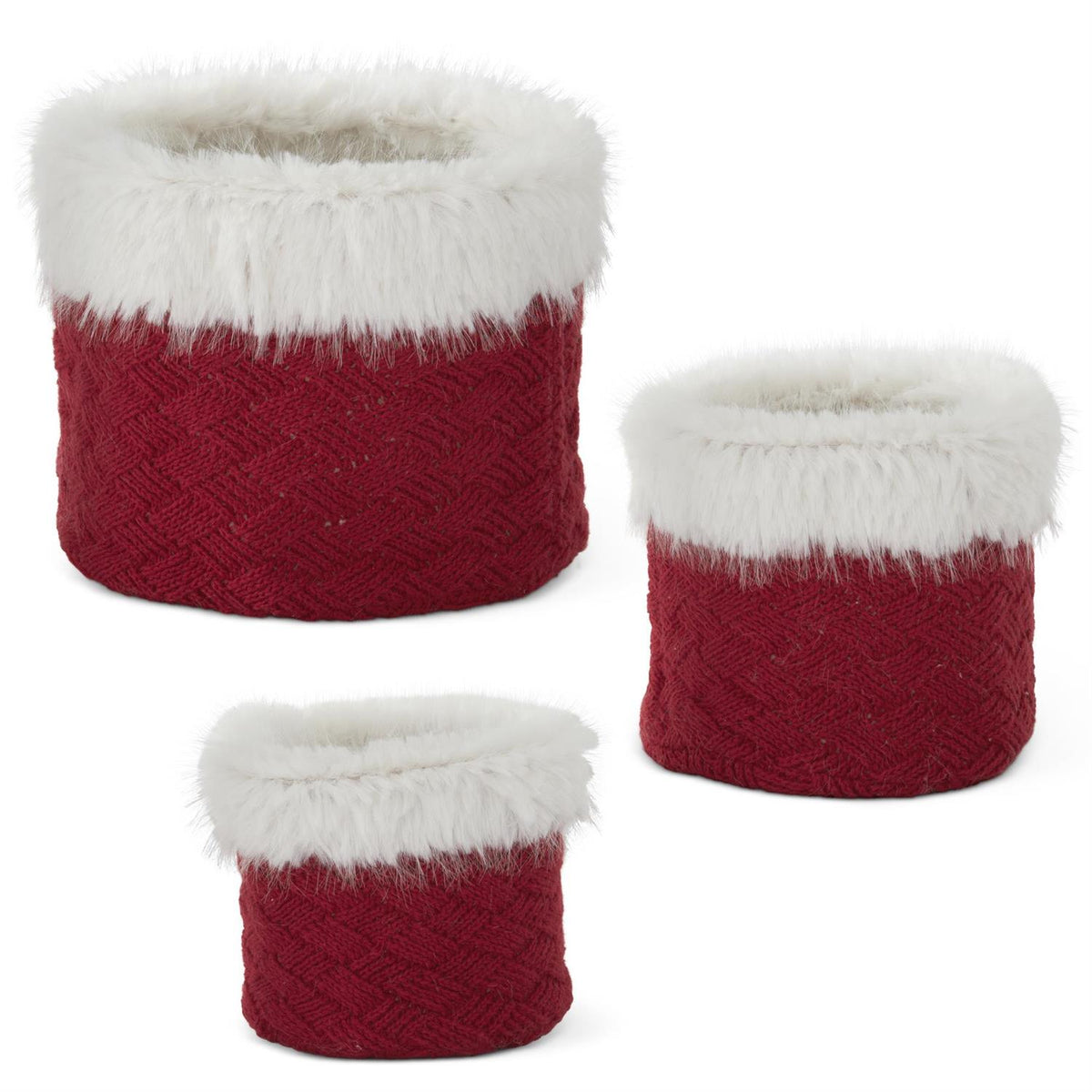 Set of 3 Vegan Fur Trimmed Red Knit Nesting Baskets – Set of 3