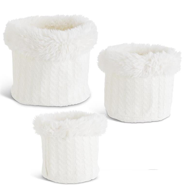 Set of 3 Vegan Fur Trimmed White Knit Nesting Baskets – Set of 3