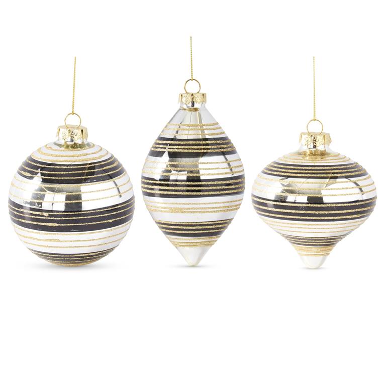 Assorted Mirrored Black & Gold Glittered Ornaments (set of 3) — view 1
