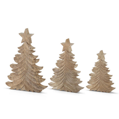 Set of 3 Mango Wood Wispy Carved Christmas Trees – Set of 3