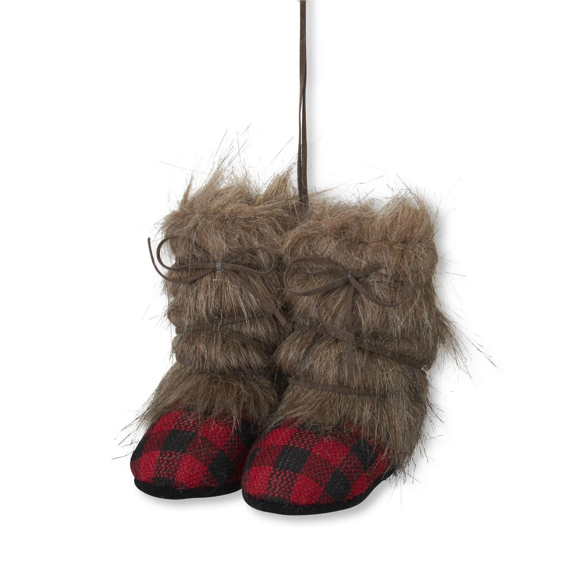 4 Inch Red & Black Check Boot Ornaments with Brown Velvet
