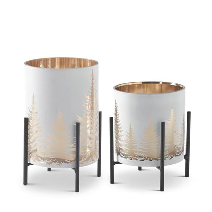 Set of 2 White Glass Candleholders on Metal Stands – Set of 2