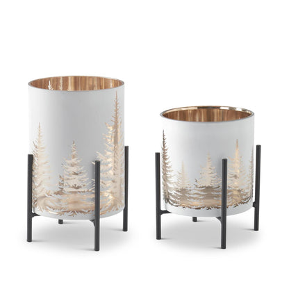Set of 2 White Glass Candleholders on Metal Stands – Set of 2