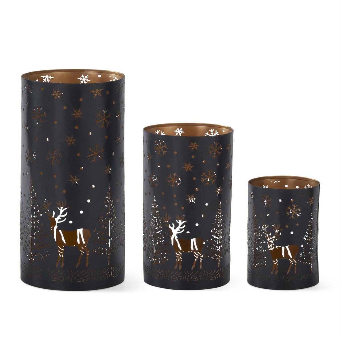 Set of 3 Black Metal Cutout Votives with Trees & Deer – Set of 3