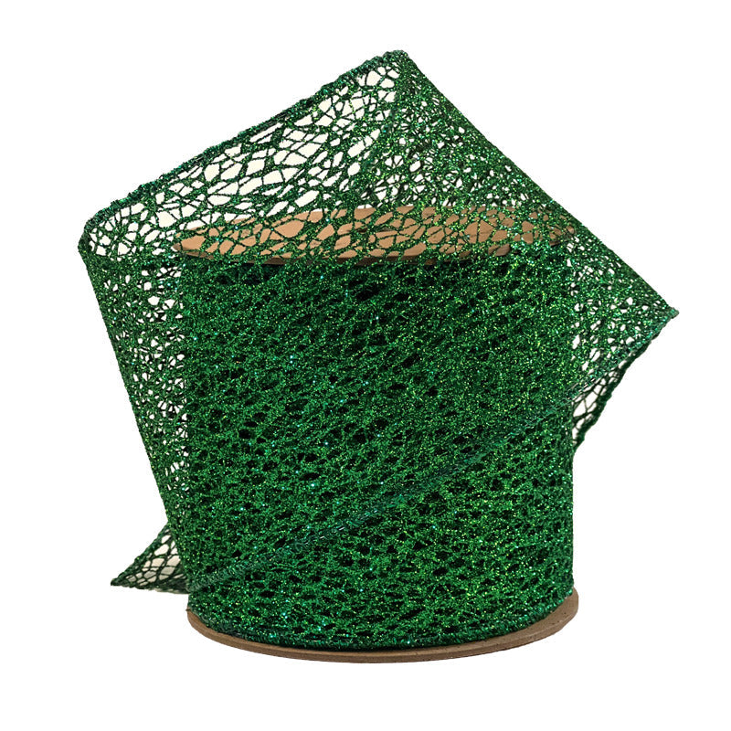 4" Ribbon - Wired Mesh - 10 Yard Roll - Green Green