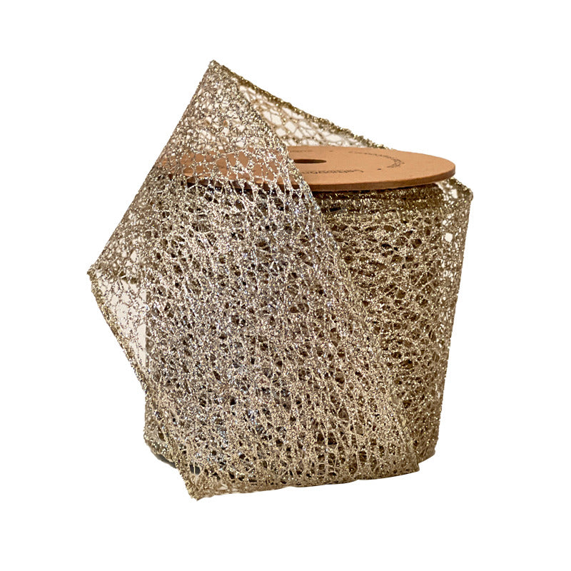 4" Ribbon - Wired Mesh - 10 Yard Roll - White/Gold — view 1