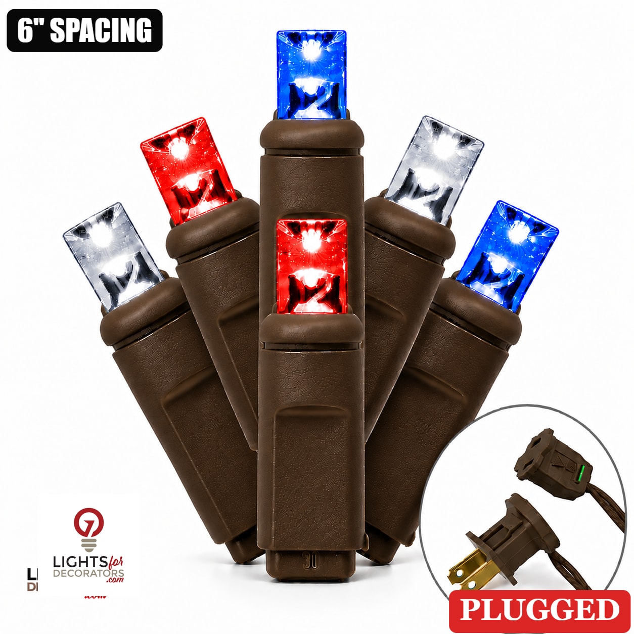 5MM 50L Light Set BALLED - 6" Brown Cord - PATRIOTIC(RD/PW/BL)