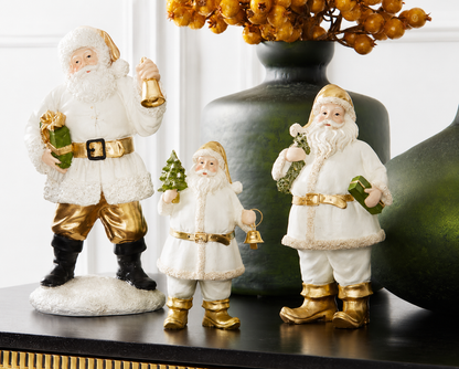 12.25 Inch White & Gold Resin Santa w/Package & Bell