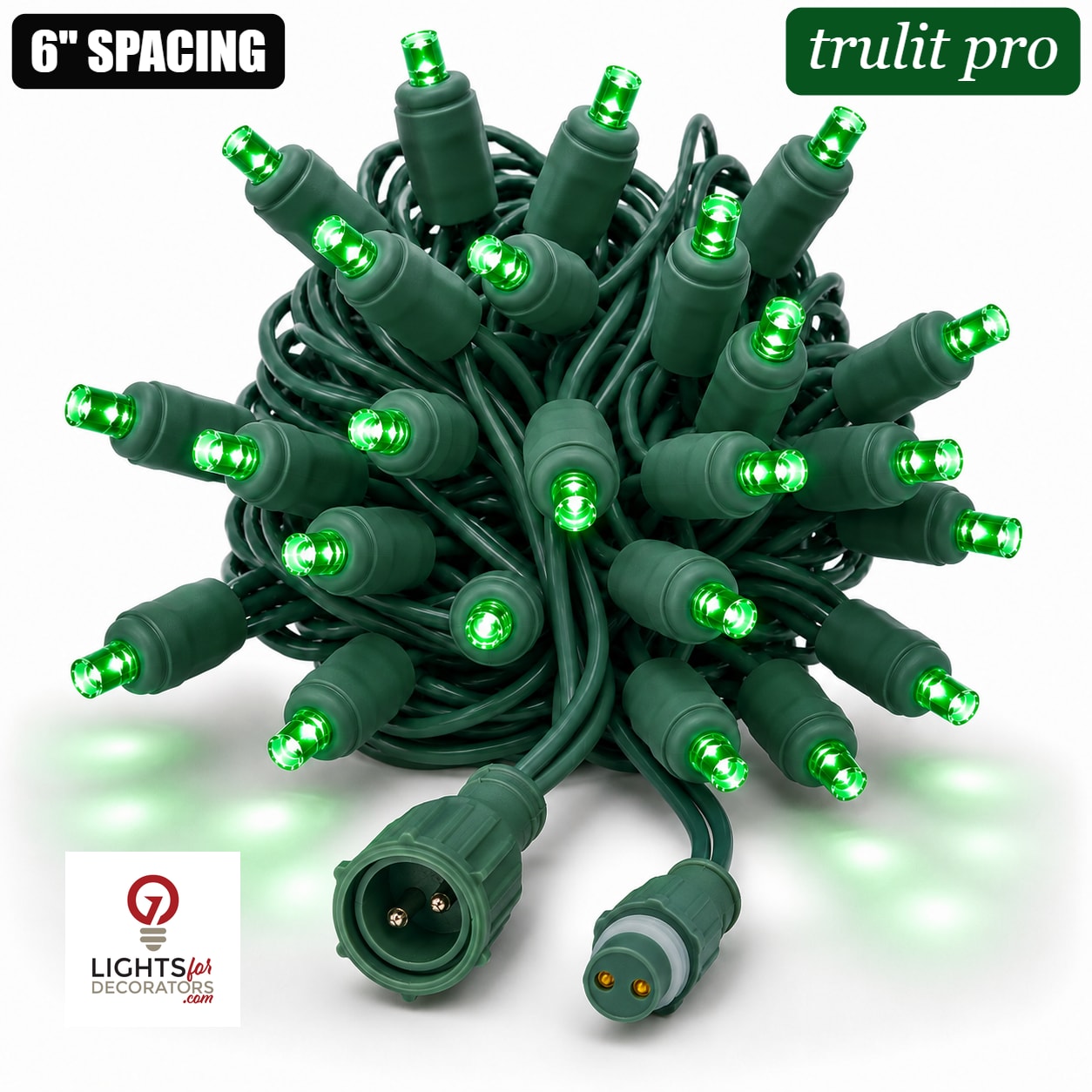 Green TruLit Pro 5MM LED Light Set - 50 Lights - 6" Spacing - Green Wire Green- 50 Ct - 6"- Green