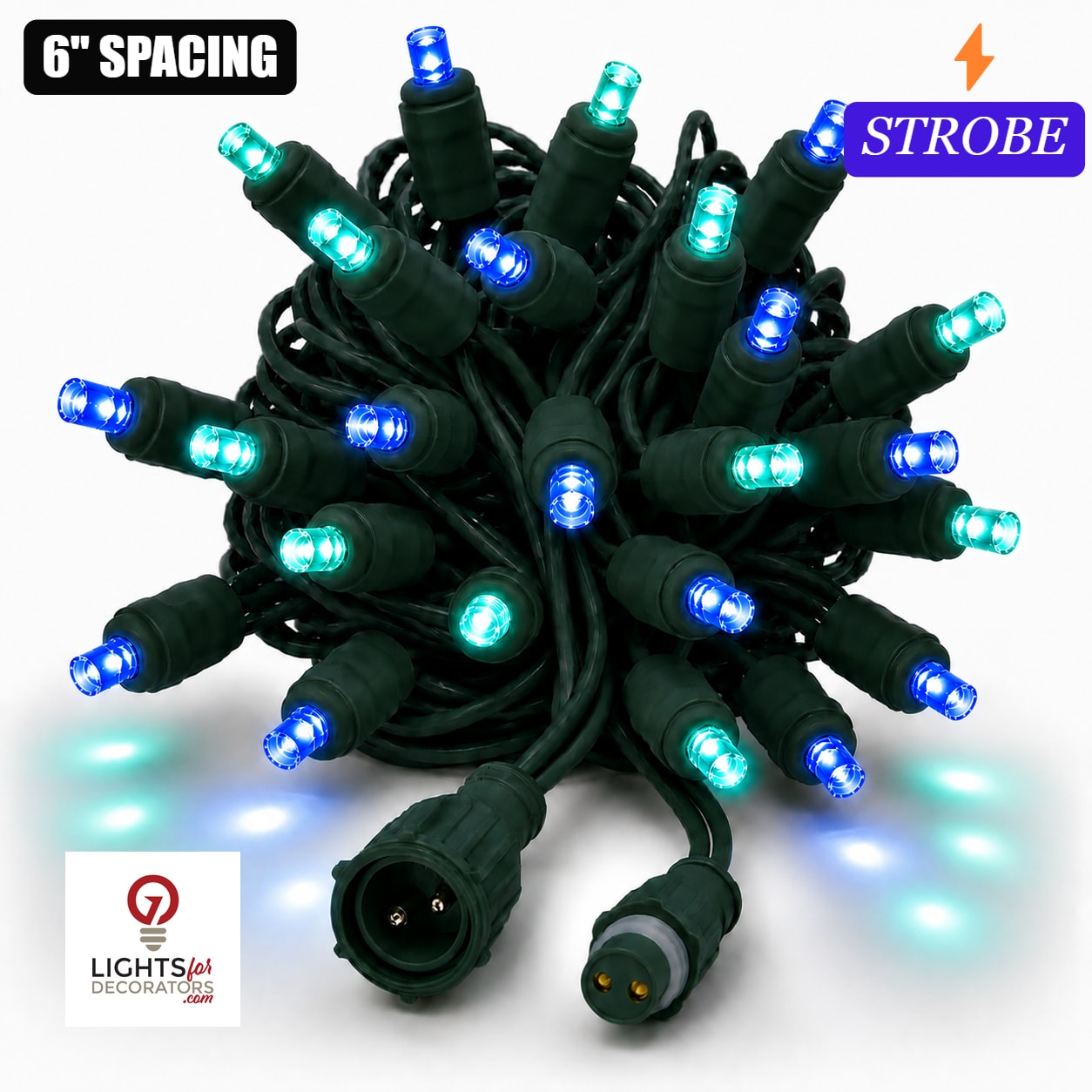 Blue/Teal TruLit Pro 5MM LED Light Set - 50 Lights - Strobe - 6" Spacing - Green Wire Blue-Teal- 50 Ct - 6"- Green
