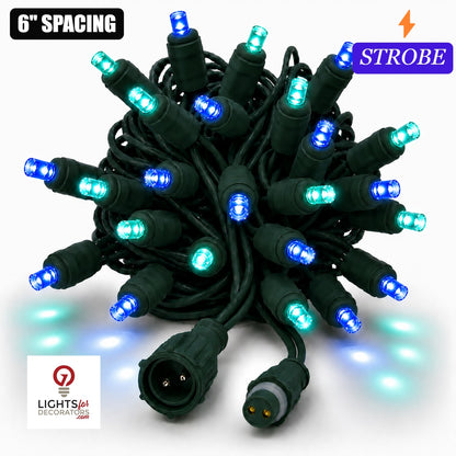 Blue/Teal TruLit Pro 5MM LED Light Set - 50 Lights - Strobe - 6" Spacing - Green Wire Blue-Teal- 50 Ct - 6"- Green