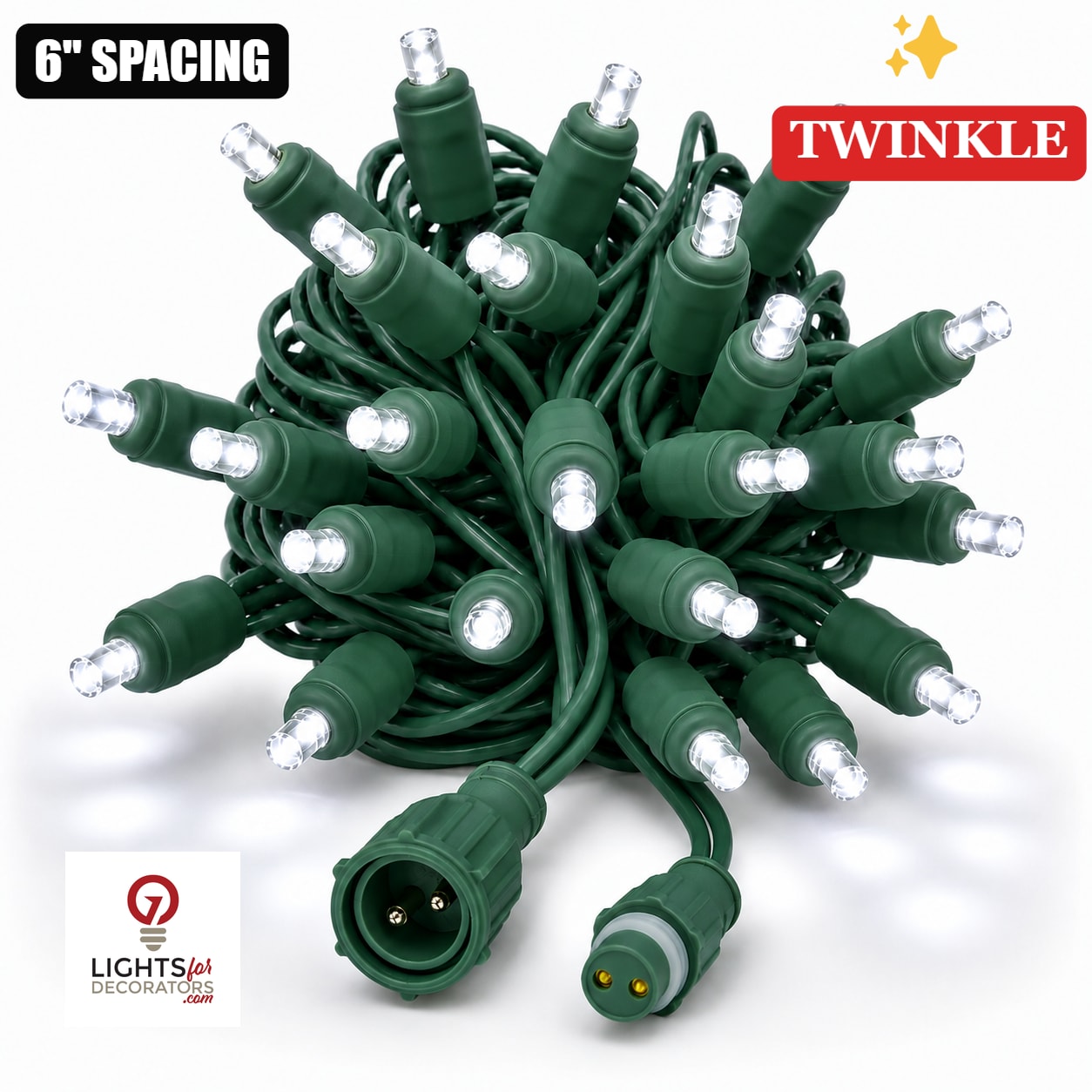 Pure White TruLit Pro 5MM LED Light Set - 50 Lights - Twinkle - 6" Spacing - Green Wire Pure White (1/5 Twinkle)- 50 Ct - 6"- Green