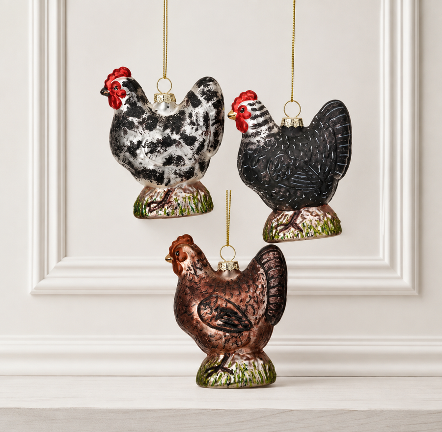 10" Glass Barnyard Chicken Ornament - Set of 3