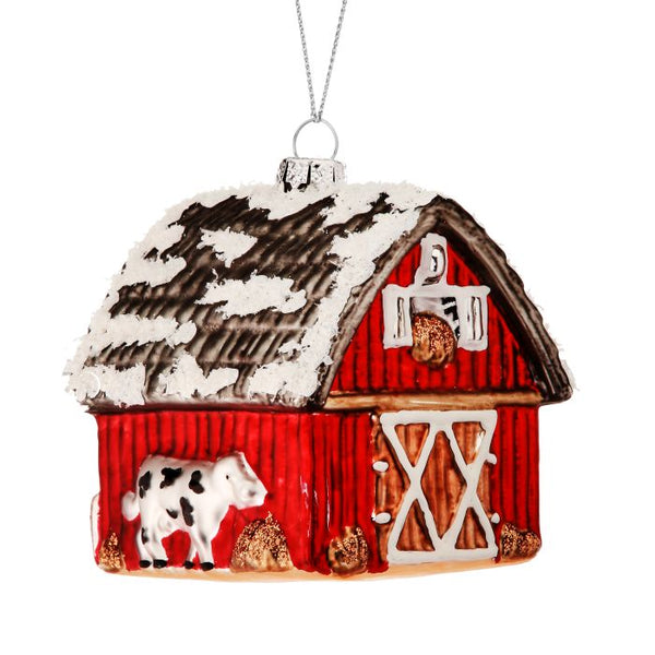3.5" Glass Winter Barn w/Tractor Ornament
