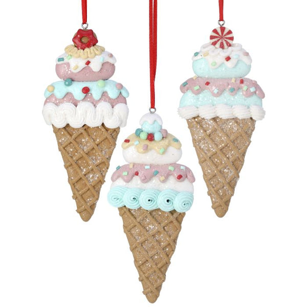 6" Clay Ice Cream Cone Ornament - Set of 3
