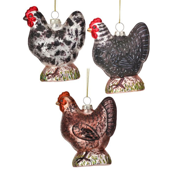 4" Glass Barnyard Chicken Ornaments - Set of 3