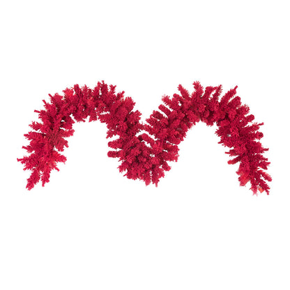 9' x 14" Red Designer Flocked Garland - Unlit Red- Unlit — view 1