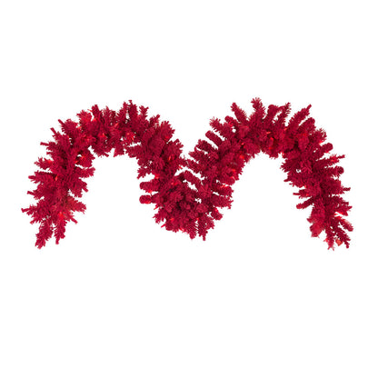 9' x 14" Red Designer Flocked Garland - Prelit Red- 100 Red Lights — view 1