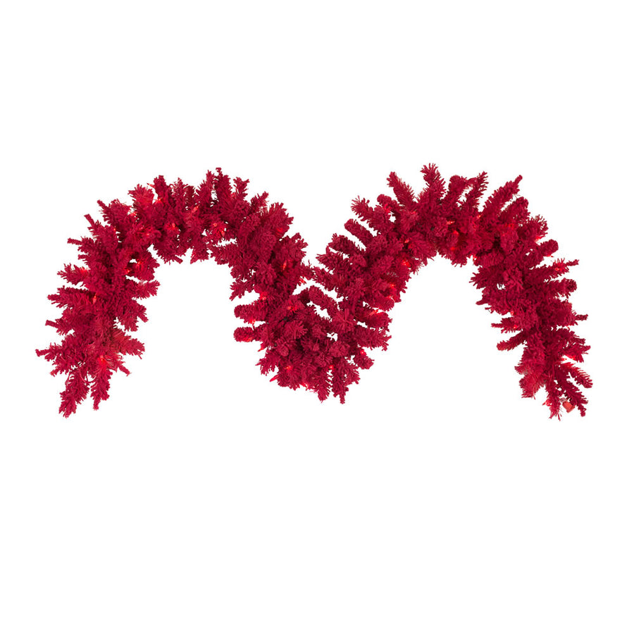 9' x 14" Red Designer Flocked Garland - Prelit Red- 100 Red Lights