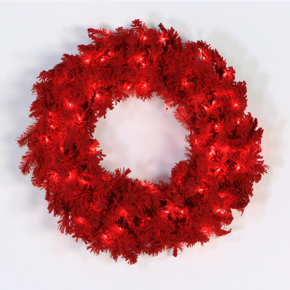 210" Red Designer Flocked Wreath - Prelit Red- 24"- 50 Red Lights — view 2
