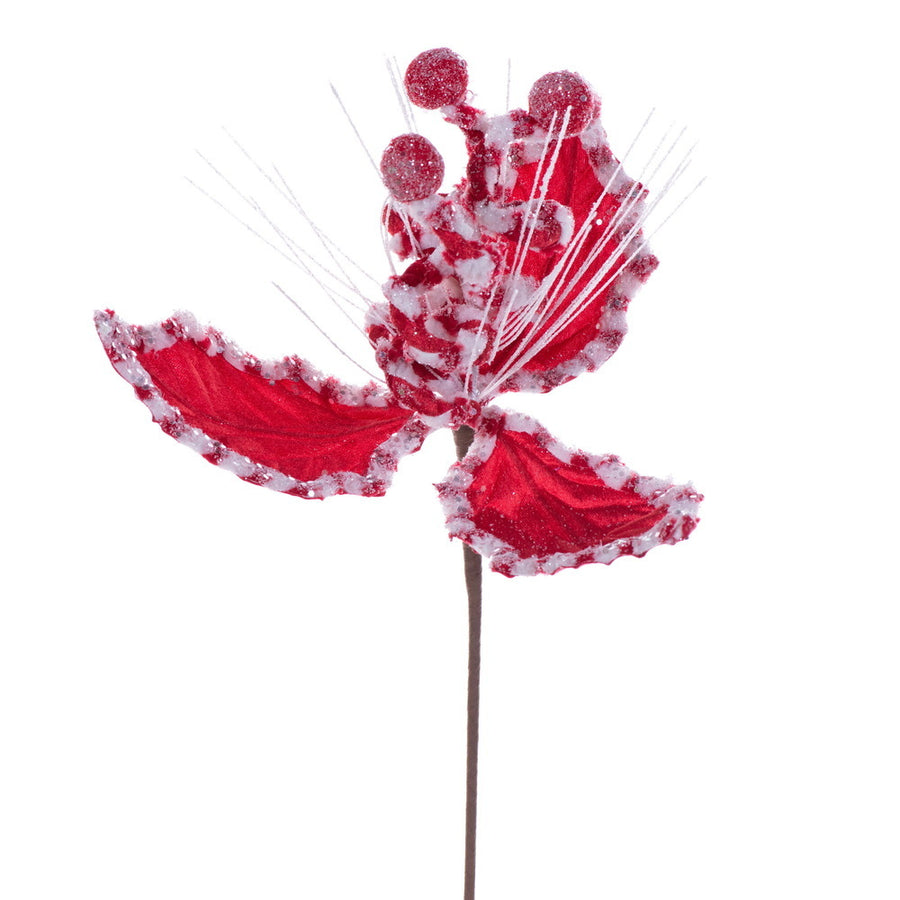 20" Red/White Holly Leaf Curly Spray - Set of 3