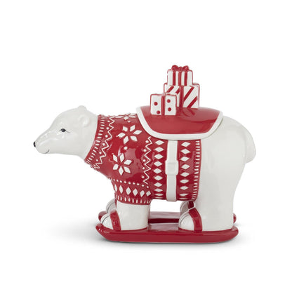 10 Inch White & Red Ceramic Polar Bear Container