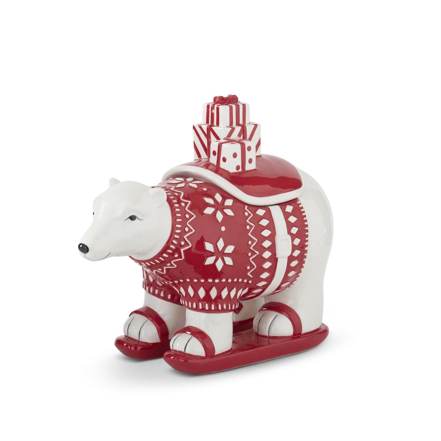 10 Inch White & Red Ceramic Polar Bear Container