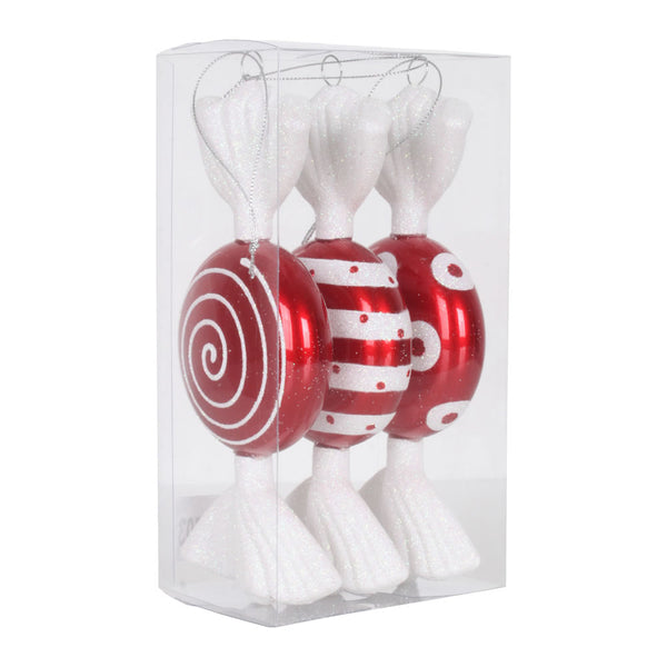 7" Red-White Candy Glitter Ornament  - Set of 3