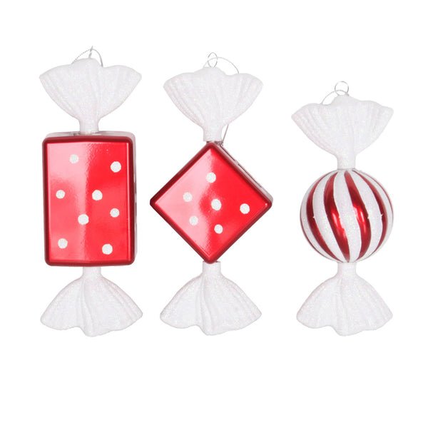8" Red-White Candy Glitter Ornament - Set of 3