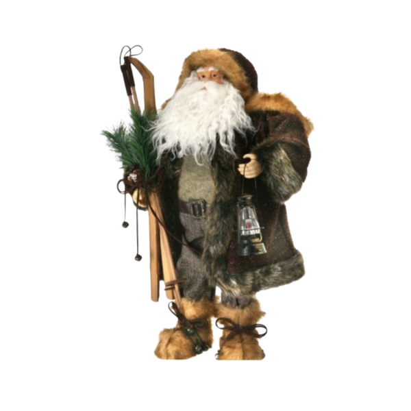 25" WOOVEN BURLAP SANTA W/ SKIIS & LANTERN