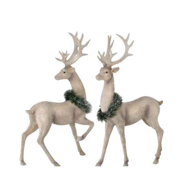 18" resin  Deer with Burlap Frosted Finish - wreaths on neck - Set of 2