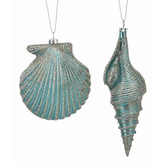 4.5-7" Velvet Glitter Pearl Seashell Ornament - Aqua - Set of 2 — view 1