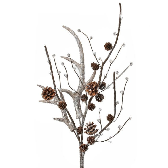 35" Frosted Antler Spray with Pinecones and Clear Beads — view 1
