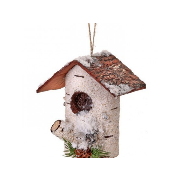 7" FAUX BIRCH LOG BIRDHOUSE ORNAMENT