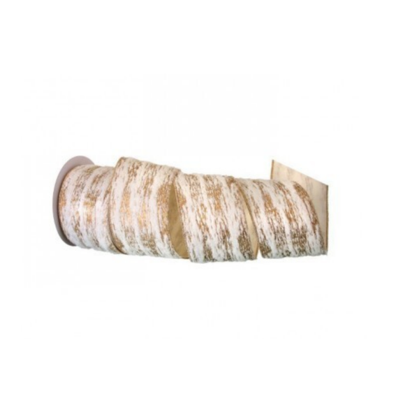 4"X10Y FAUX FUR BIRCH WIRED RIBBON  - IVORY/GOLD