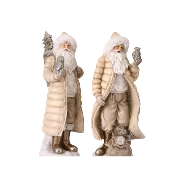 12" Santa Figurine -  Forest Santa with Fur Hat - Set of 2 - White and Silver
