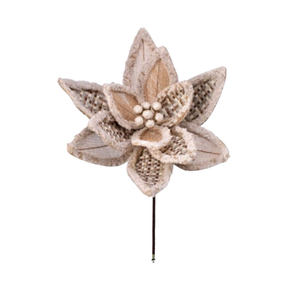 24" WOVEN TWEED/BURLAP POINSETTIA STEM  - BEIGE