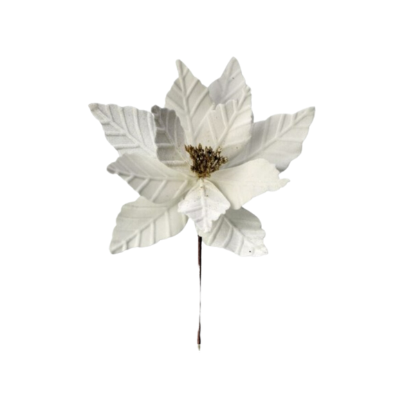 24"VELVET GLIT CENTER POINSETTIA STEM - IVORY