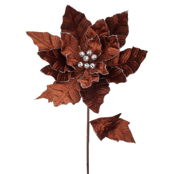 24" Velvet Poinsettia with Glitter Edge Stem - Brown — view 1