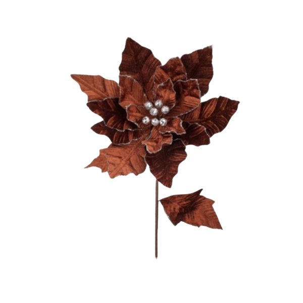 24" Velvet Poinsettia W/Glitter Edge Stem - Brown