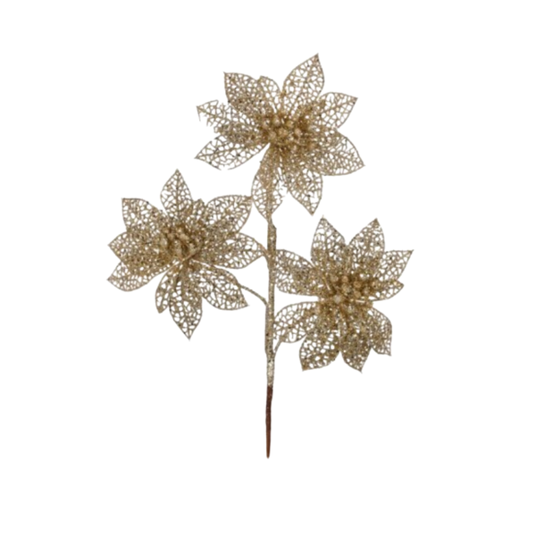 19" Triple Glitter Poinsettia Spray - Champagne