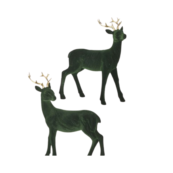 10" and 11" Green Flocked Standing Deer with gold antlers - Set of 2